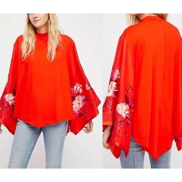Free People Tunic Women S Red Festival Embroidered Bloom Boho Asian Artsy Flare - Picture 5 of 16